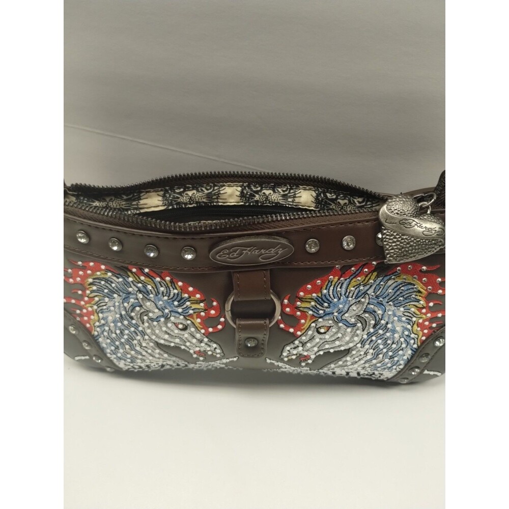 Ed Hardy Black Shoulder +Crossbody Strap Bag Studded Horse Embroidery Med Charms